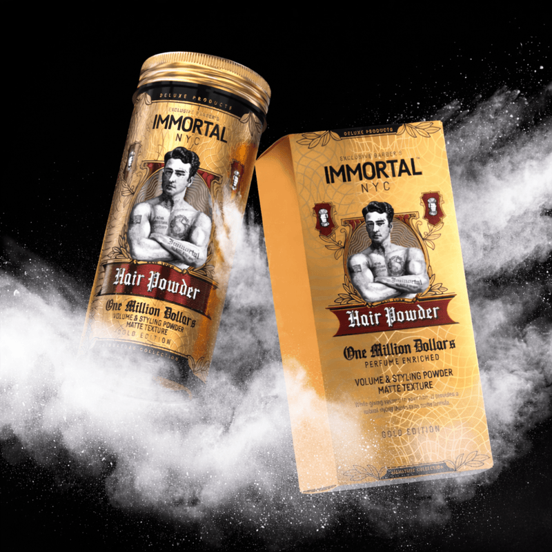 Immortal NYC One Million Dollar Hair Styling Powder – two bottles on black and white background