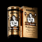 Immortal NYC One Million Dollar Hair Styling Powder – packaging with portrait on black background