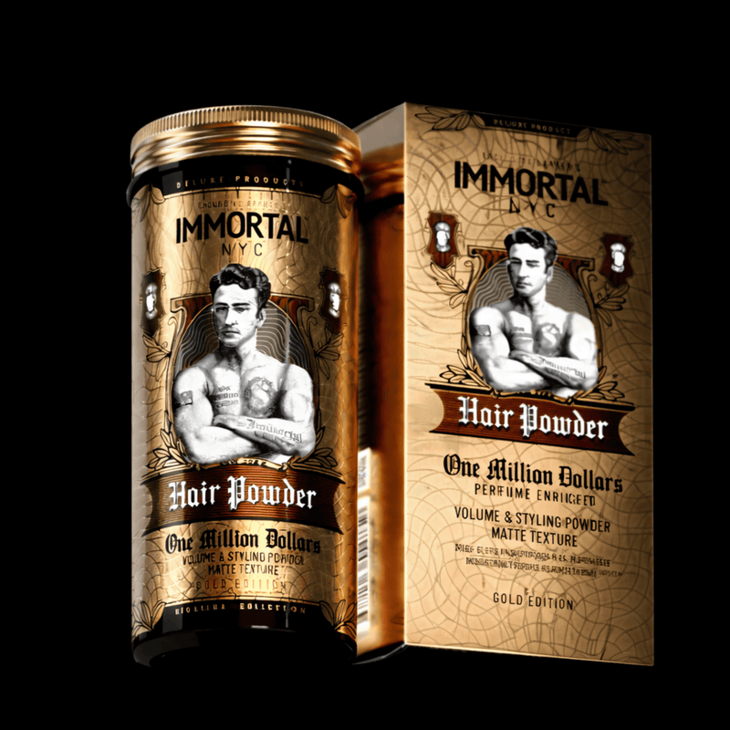 Immortal NYC One Million Dollar Hair Styling Powder – packaging with portrait on black background