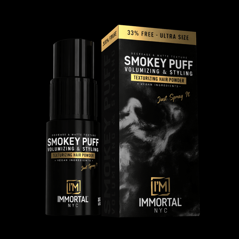 Immortal NYC Smokey Puff Texturizing Hair Powder matte volume styling powder on black background
