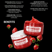 Immortal NYC Strawberry Face & Body Gel Scrub – benefits display on black background