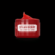Immortal NYC Strawberry Face & Body Gel Scrub – open jar showing red gel on black background