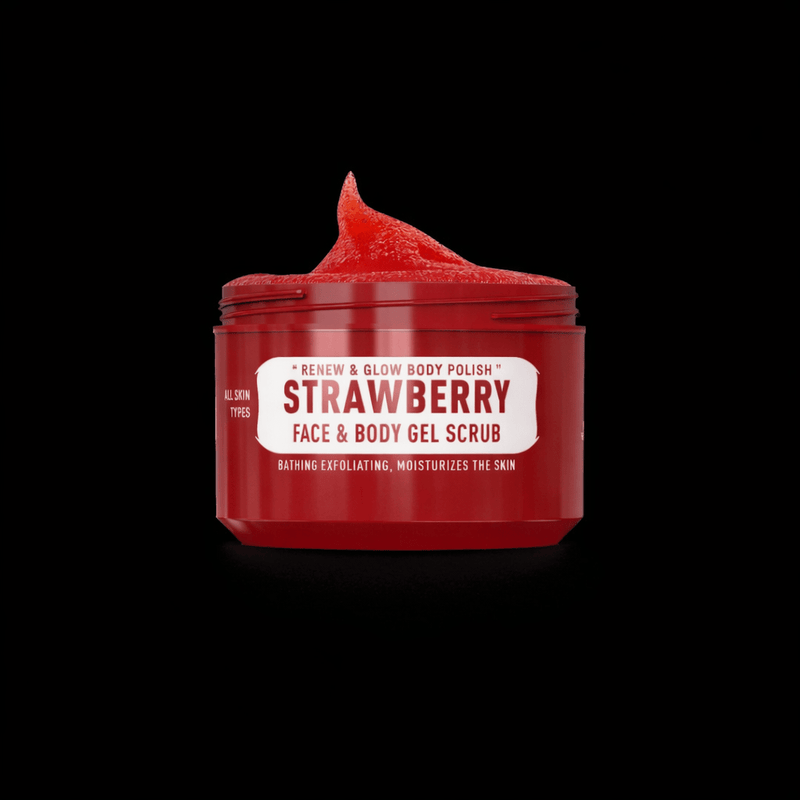 Immortal NYC Strawberry Face & Body Gel Scrub – open jar showing red gel on black background