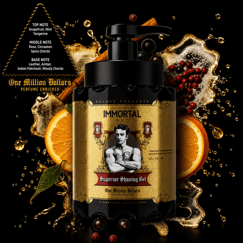 Immortal NYC One Million Dollar Shaving Gel – decorative lifestyle display on dark background