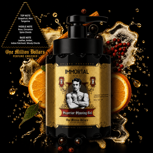 Immortal NYC One Million Dollar Shaving Gel – decorative lifestyle display on dark background