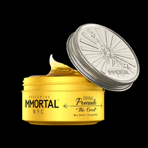 Immortal NYC The Creed pomade open jar showing texture strong hold high shine