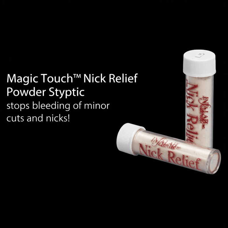 INFA-LAB Magic Touch Nick Relief Powder styptic product display for stopping minor bleeding