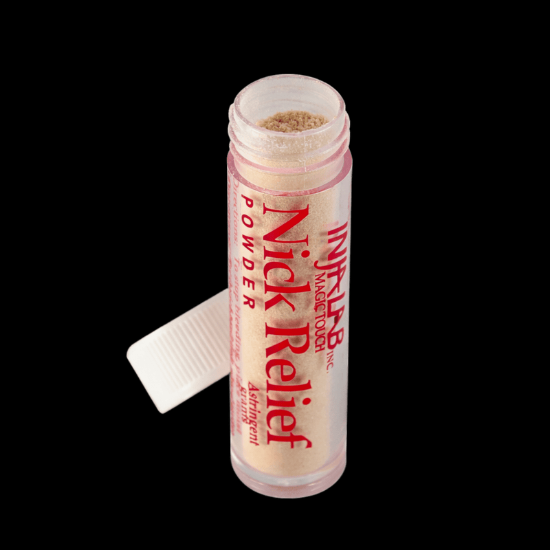 INFA-LAB Nick Relief Powder open bottle with cap off showing styptic powder