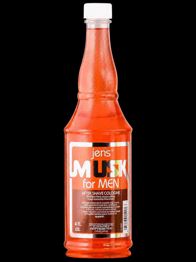 Bottle of Jens Musk for Men after shave cologne on a black background