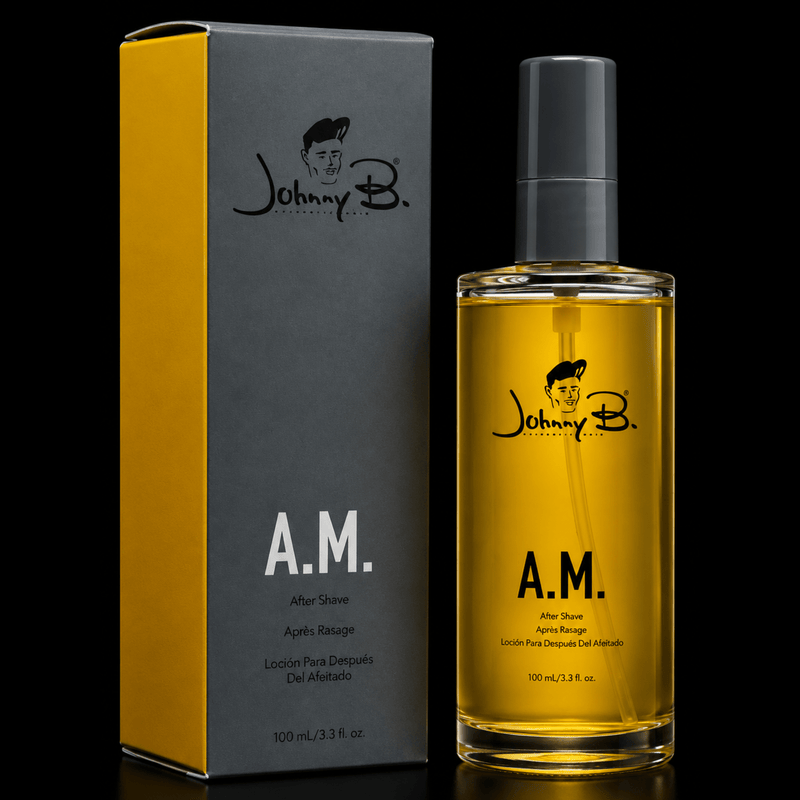 Johnny B A.M. After Shave Spray – black box and bottle display