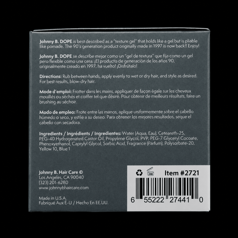 Johnny B Dope Texture Gel – back label with ingredients