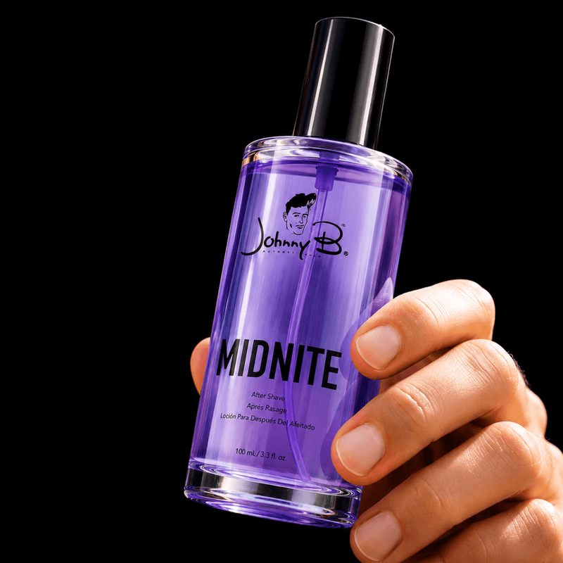 Johnny B Midnite After Shave Spray Fragrance Notes Display Available at Primos Barber Supply