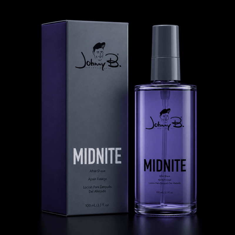 Johnny B Midnite After Shave Spray Retail Packaging Available at Primos Barber Supply
