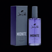 Johnny B. Midnite after shave bottle and packaging on a black background
