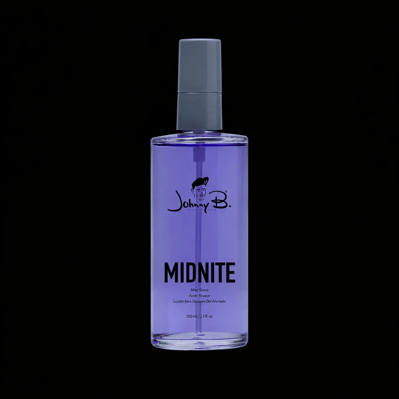 Purple bottle of Johnny B. Midnite on a black background