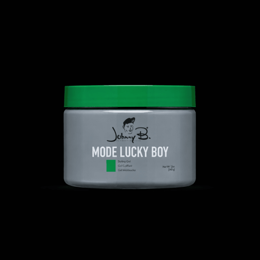 Johnny B Mode Lucky Boy Gel – gray jar with green lid on black background