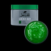 Johnny B Mode Lucky Boy Gel – open jar with green gel on black background