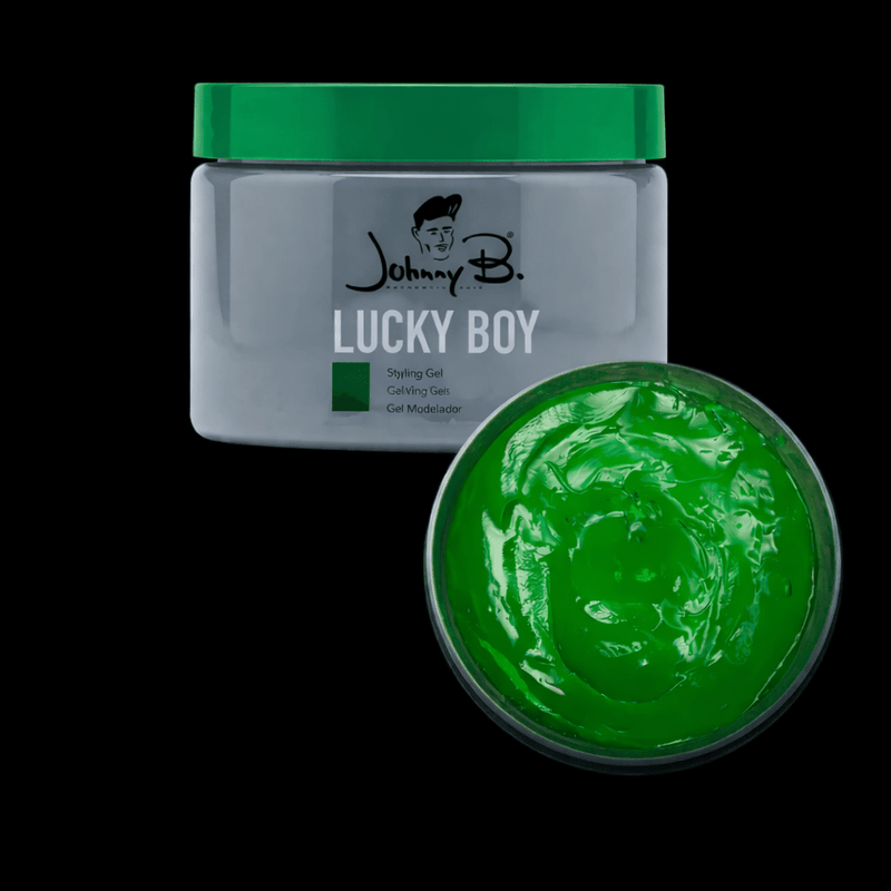 Johnny B Mode Lucky Boy Gel – open jar with green gel on black background