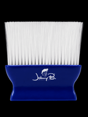Alt: Johnny B Neck Duster barber cleaning brush with blue handle and white nylon bristles on black background