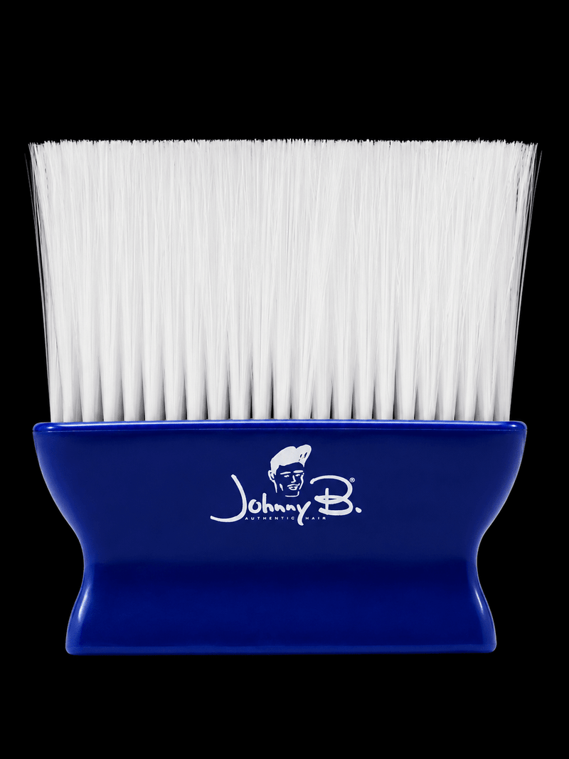 Alt: Johnny B Neck Duster barber cleaning brush with blue handle and white nylon bristles on black background