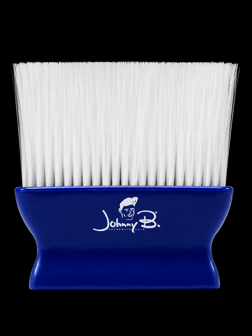 Alt: Johnny B Neck Duster barber cleaning brush with blue handle and white nylon bristles on black background