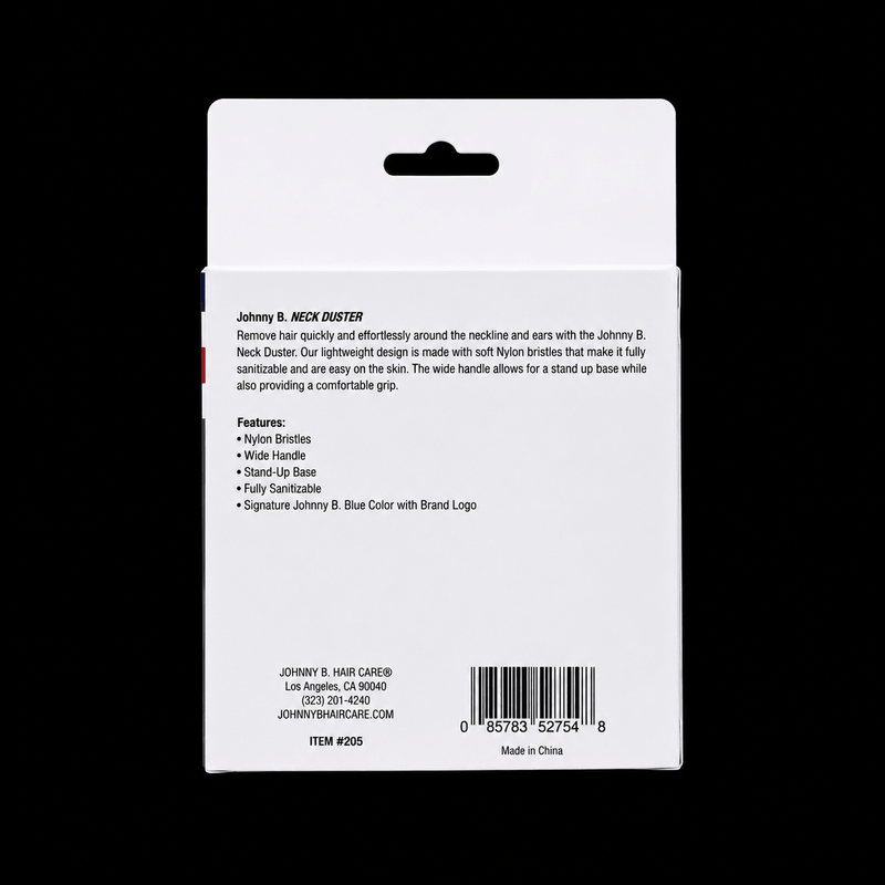 Johnny B Neck Duster back packaging showing features instructions and barcode