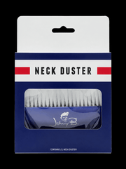 Johnny B Neck Duster front packaging with barber neck brush visible through clear window