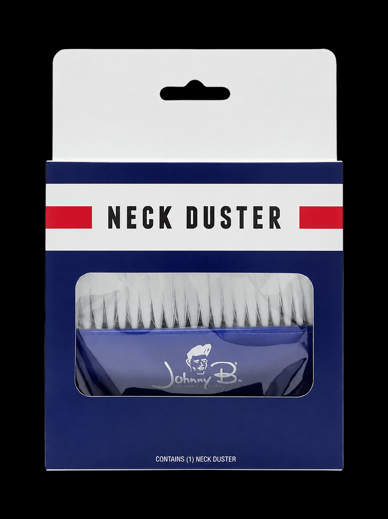 Johnny B Neck Duster front packaging with barber neck brush visible through clear window