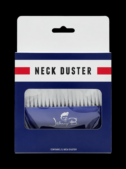 Johnny B Neck Duster front packaging with barber neck brush visible through clear window