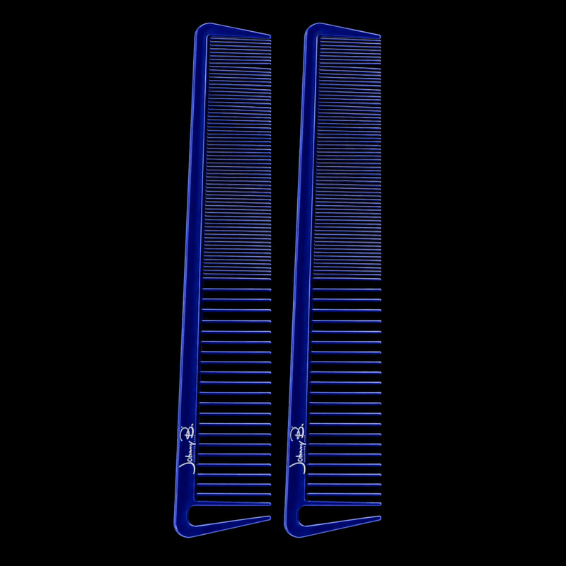 Johnny B Texturizing Comb Blue – dual comb display showing fine and wide tooth design