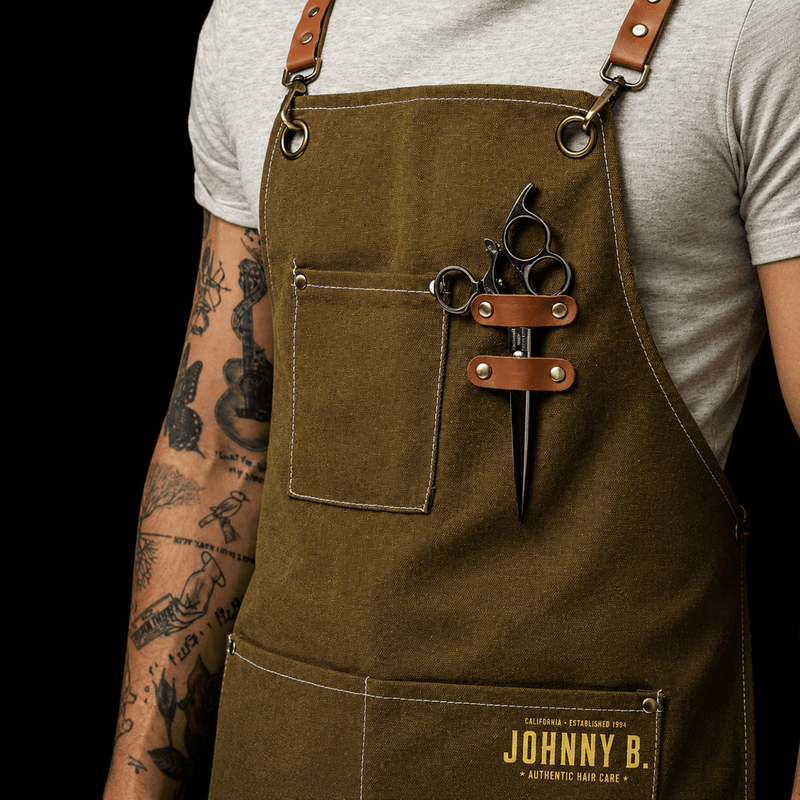 Johnny B Work Apron – brown front detail with pockets and shear holder