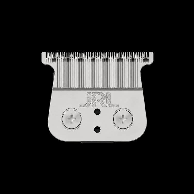 Metal clipper blade with 'JRL' branding on a black background