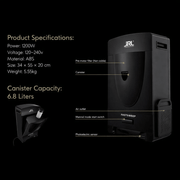 Black vacuum cleaner with JRL branding and product specifications on a black background