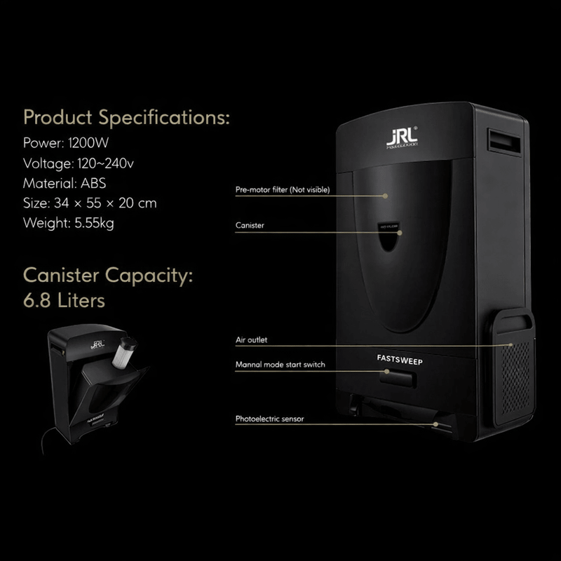 Black vacuum cleaner with JRL branding and product specifications on a black background