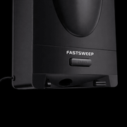 Black vacuum cleaner with 'FASTSWEEP' branding on a clear background