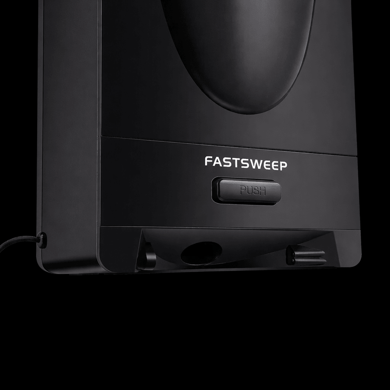 Black vacuum cleaner with 'FASTSWEEP' branding on a clear background