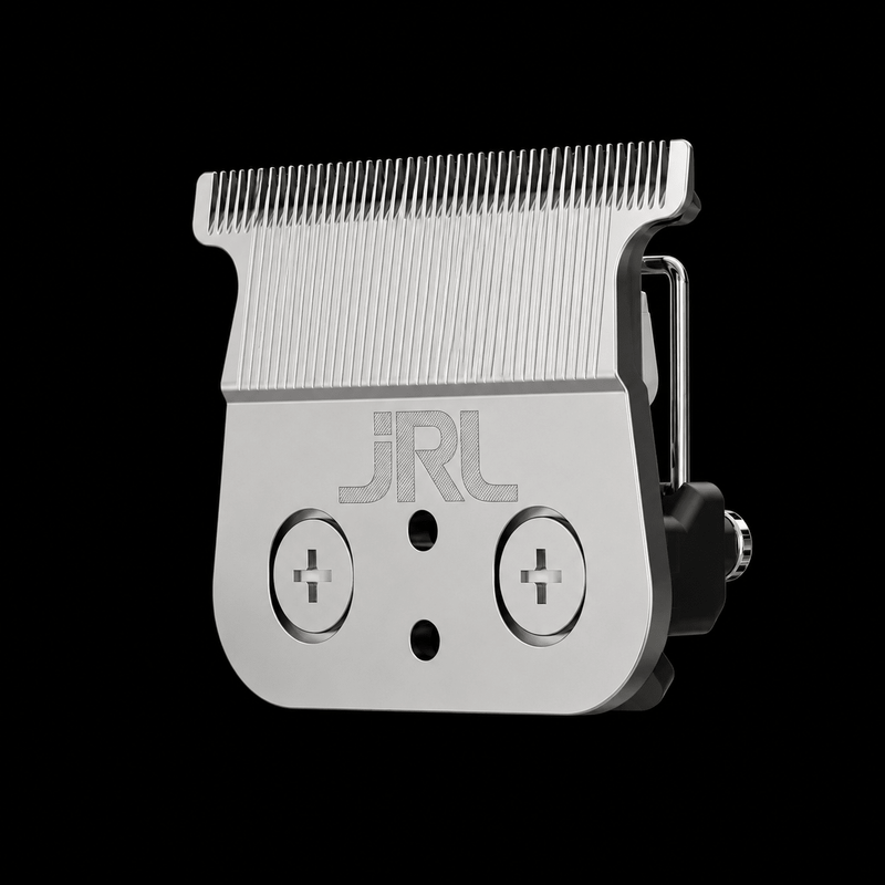Metallic clipper head with 'JRL' branding on a black background