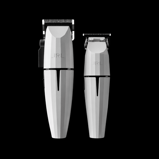 JRL Ghost professional clipper and trimmer set in silver finish on solid black background
