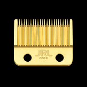 Gold hair clipper blade with 'JRL' branding on a black background