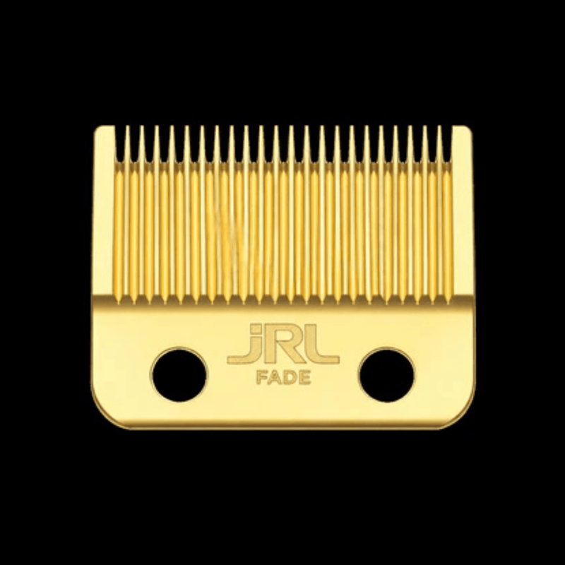 Gold hair clipper blade with 'JRL' branding on a black background