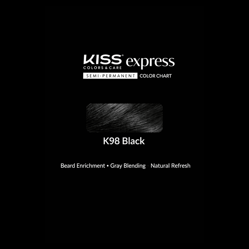 KISS express semi-permanent color chart for K98 Black hair color on a black background.