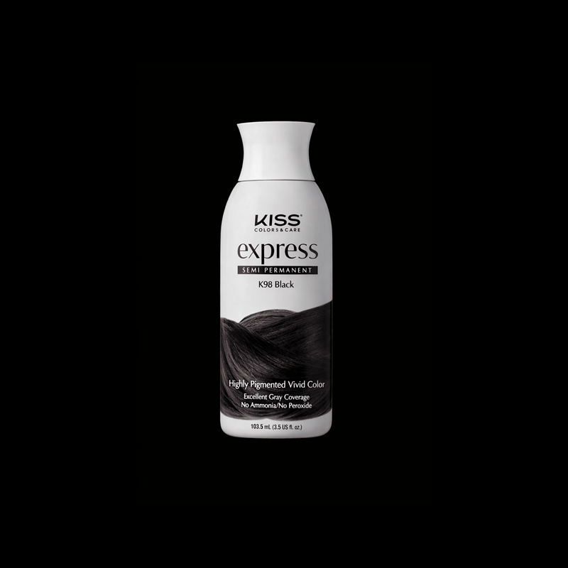 Kiss Express hair color bottle on a black background