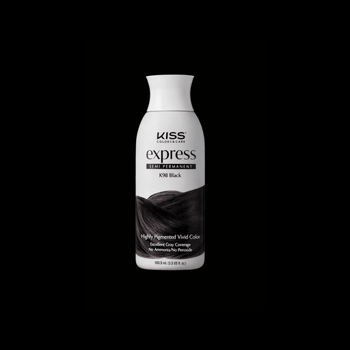 Kiss Express hair color bottle on a black background