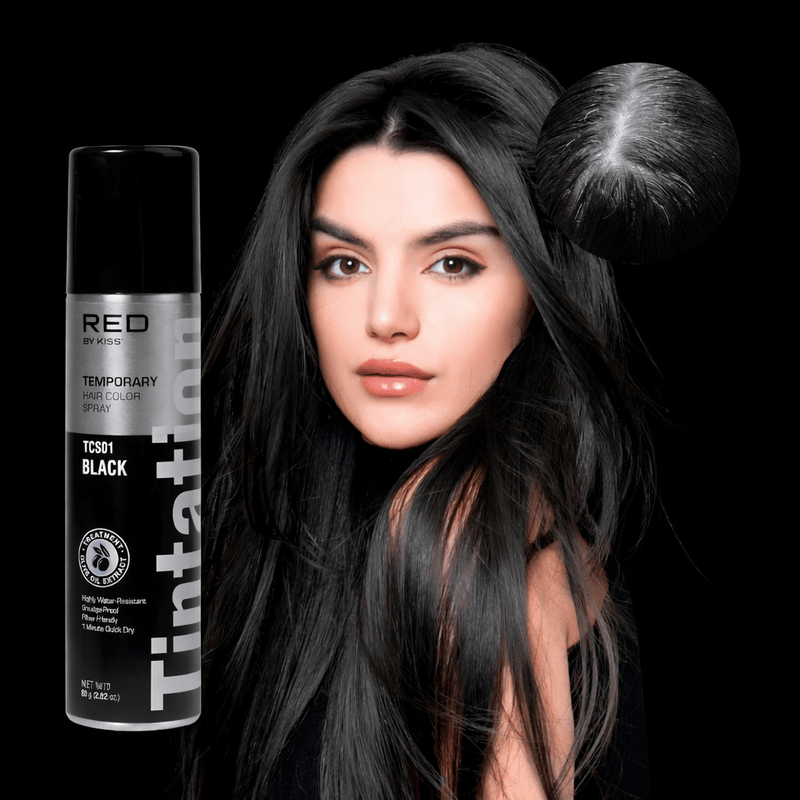 KISS Tintation Temporary Hair Color Spray Black TCS01 result on hair model showing coverage and natural finish