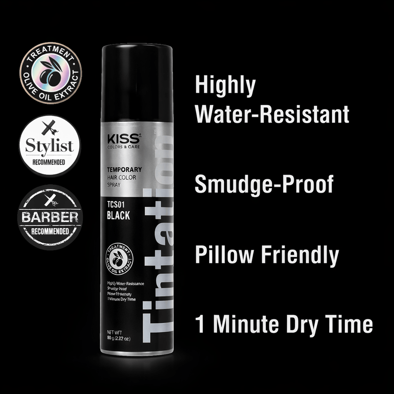 KISS Tintation Temporary Hair Color Spray Black TCS01 features water resistant smudge proof barber enhancement spray