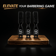 3 L3VEL3 fade brush side by side on top of a wood tablet, with a the phrase "elevate your barbering game" on a black background