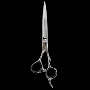 L3VEL3 Professional Hair Cutting Shears 440C - closed shear in vertical straight-on view, showing the crane-style handle and black finger-ring inserts