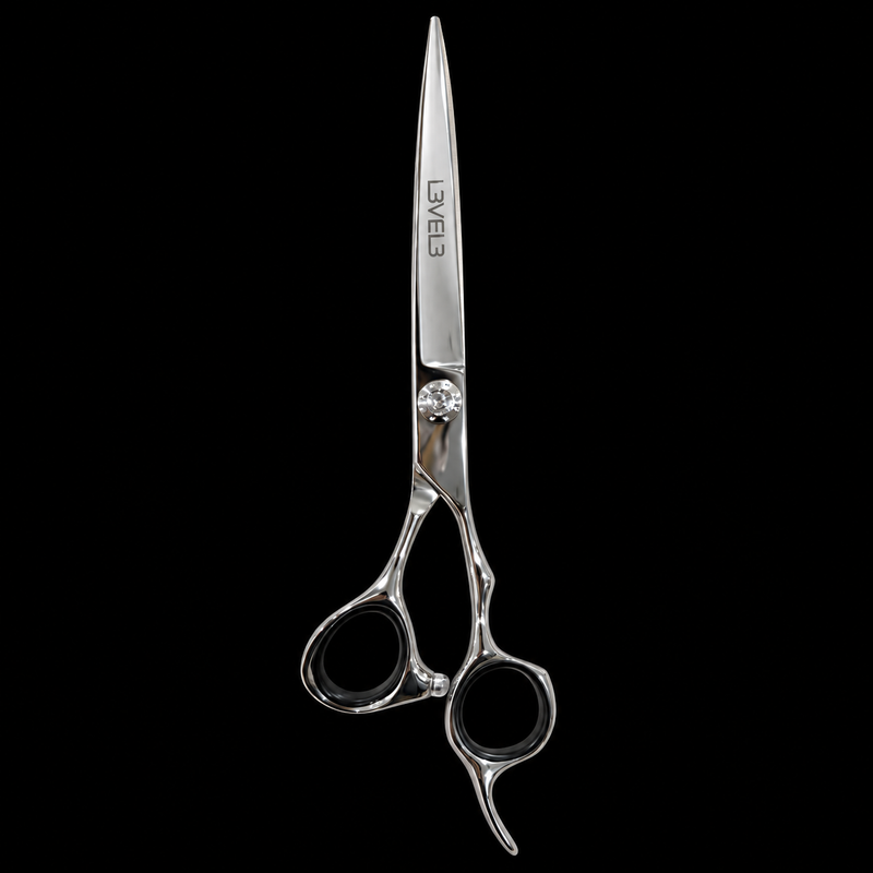 L3VEL3 Professional Hair Cutting Shears 440C - closed shear in vertical straight-on view, showing the crane-style handle and black finger-ring inserts