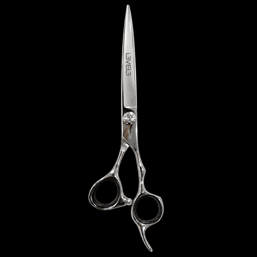 L3VEL3 Professional Hair Cutting Shears 440C - closed shear in vertical straight-on view, showing the crane-style handle and black finger-ring inserts