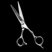 L3VEL3 Professional Hair Cutting Shears 440C - open shear shown at a diagonal angle, showcasing the offset handle design and mirror-polished stainless steel finish